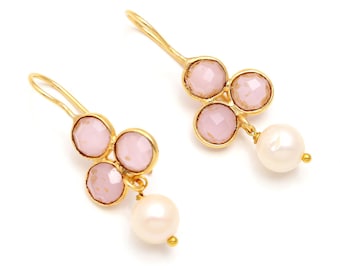 Rose Quartz & Pearl Sterling Silver Dangle Earrings