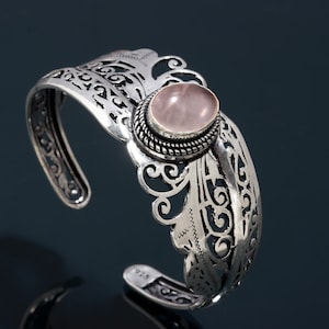 Handmade Rose Quartz Cuff Bracelet: Sterling Silver Bangle Jewelry
