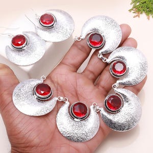 Set Gioielli Donna In Granato Rosso Sangue Con Topazio - Collana, Orecchini E Anello Regolabile