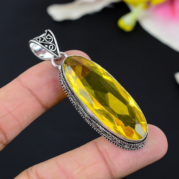 Lemon Quartz Crystal Pendant, Faceted Gemstone Handmade Pendant For Gift, 925 Silver Plated Pendant, Vintage Jewelry, Mother's Day Gift
