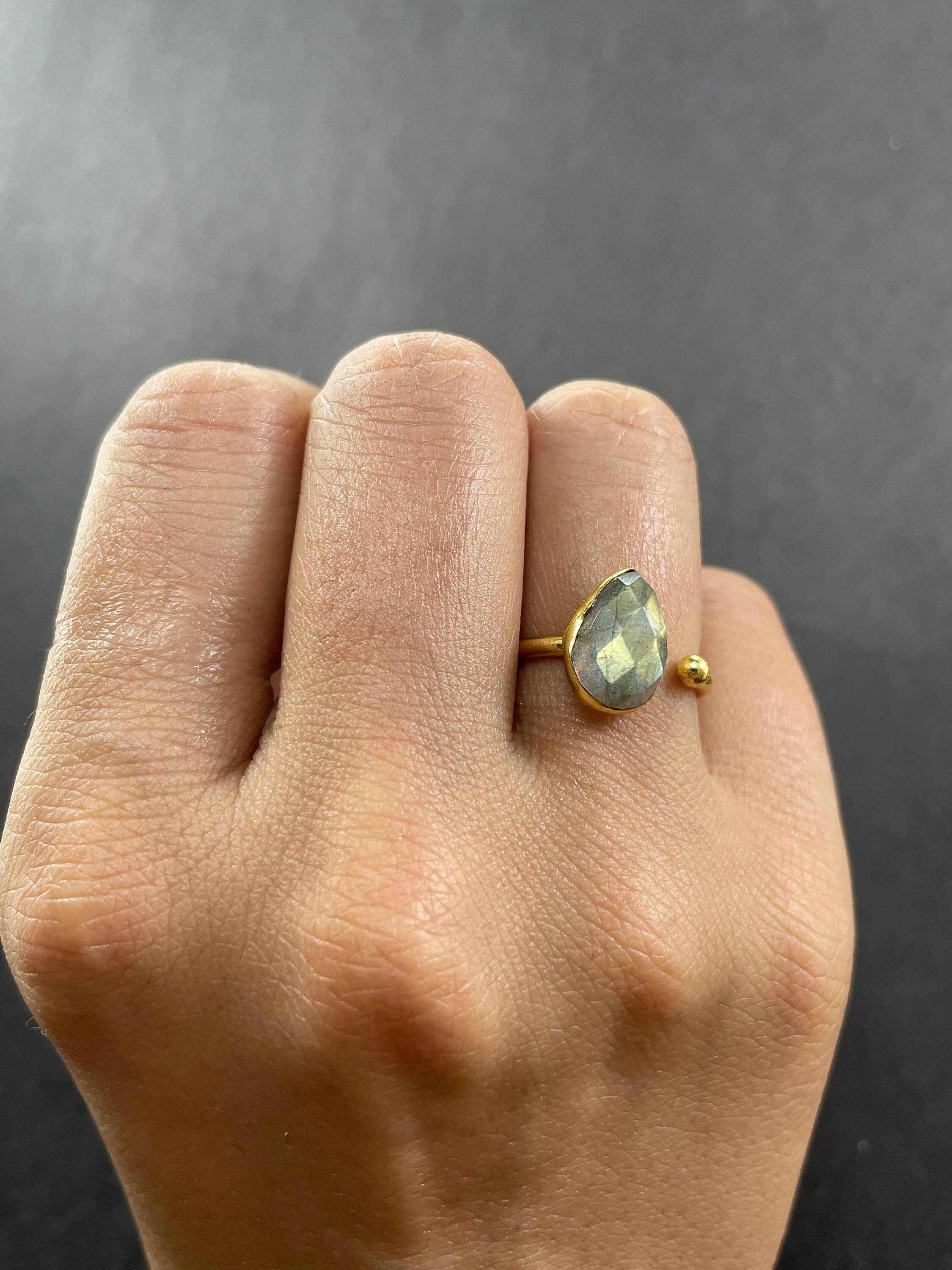 Natural Labradorite Gemstone Jewelry 18K Gold Plated 925 Sterling Silver Ring 