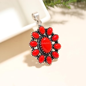Red Coral Pendant, Gemstone Pendant, Red Pendant, 925 Sterling Silver Jewelry, Anniversary Gift, Pendant For Her