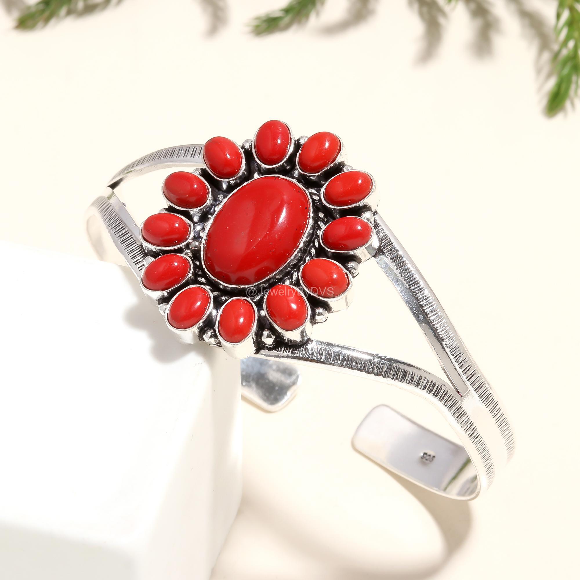 レッドコーラルブレスレット：調節可能なバングル、925スターリング
