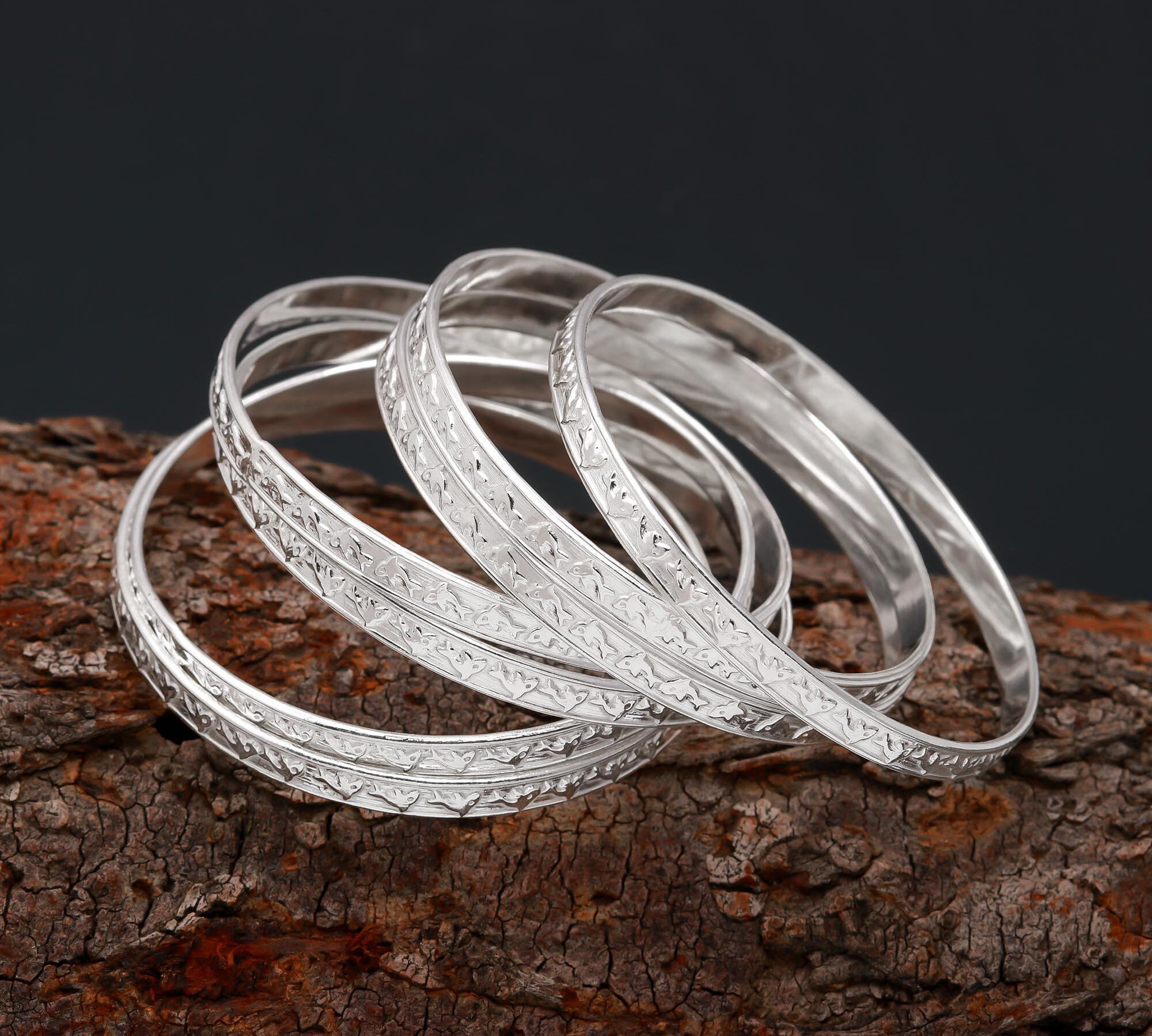 Fish Design Sterling Silver Bangle Set: Boho Cuff Bracelets, 7 Pcs