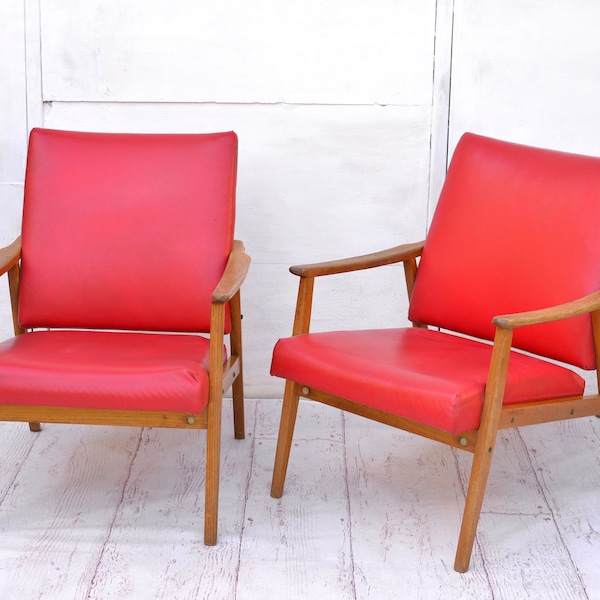 1 of 2 Vintage - Mid Century Armchair - 1970's - Great Condition - Red Faux Leather- Retro Style