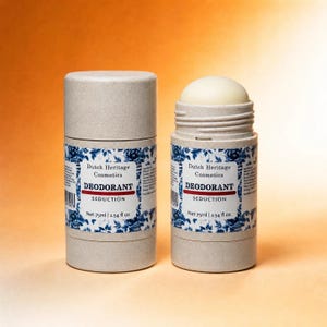 Op de afbeelding: Twee beige deodorantsticks met een blauw-wit bloemenlabel. Op het label staat Dutch Heritage Cosmetics, DEODORANT, SEDUCTION en Net 75ml | 2.54 fl oz. De ene stick is afgesloten, de andere is open en toont een vaste witte deodorant.