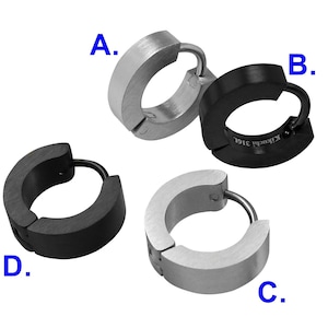 May include: Four hoop earrings, two silver and two black. The silver earrings are smooth and the black earrings have a matte finish. The black earrings have the text "Kitsch" and "316L" engraved on the side.