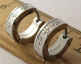 Stainless steel hoop earrings silver gold for men & women 3x cross Relief work