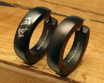 Ø 22 mm Stainless Steel Earrings XL Matte Black Brushed Big Hoop Huggies with/without Dragon