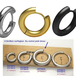 Op de afbeelding: Vier maten creolen in zilver, goud en zwart. De creolen worden getoond op een houten liniaal met metingen in centimeters. De tekst op de liniaal luidt "ERTS011 ERTS012 (7 Farben)", "ERTS018 ERTS019 (10 Farben)", "ERTS024 (6 Farben)" en "ERTS013 ERTS014 (6 Farben)".