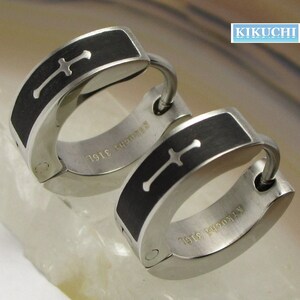 May include: A pair of silver hoop earrings with a black cross design. The earrings are engraved with the text "Kikuchi 316L".
