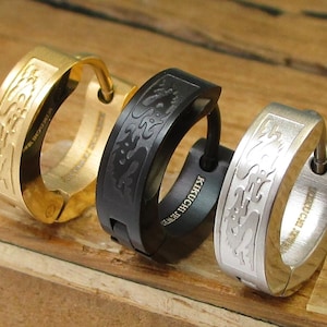 Brincos masculinos de titânio com fecho, preto, prata fosca, 4 mm, aço inoxidável, brincos de argola, brincos de pino masculinos, dragão