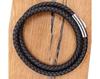 Leather necklace leather collar made of six braided calf leather cords Ø 6mm black stainless steel closure for men & women TOP.