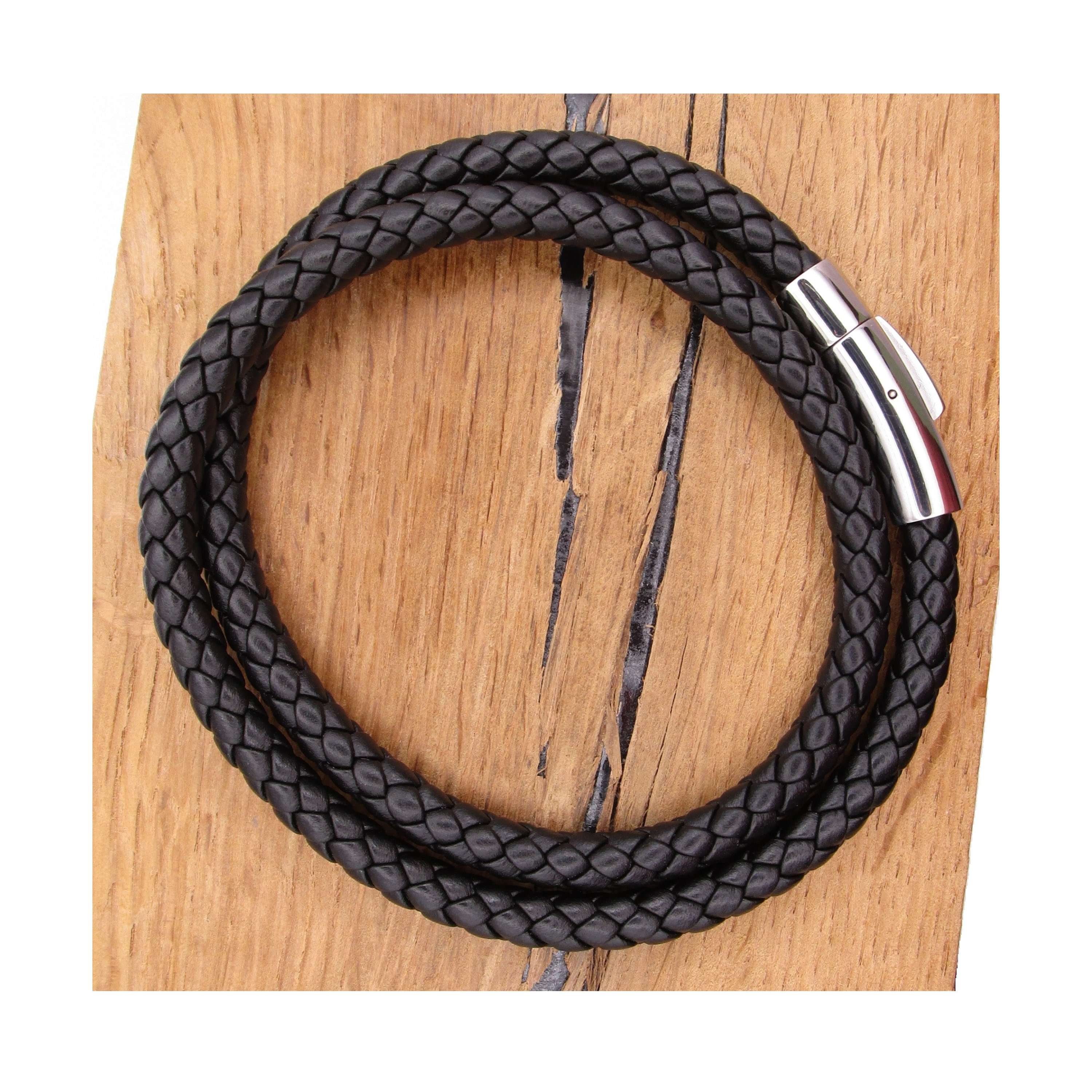 Cadena de cuero, collar de piel de becerro trenzado de seis tiras, Ø 6 mm, cierre de acero inoxidable negro para hombre y mujer TOP