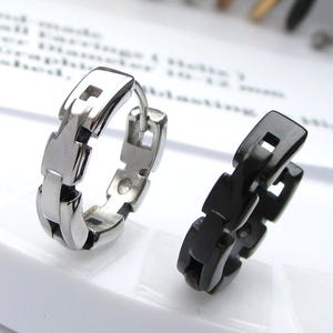 Boucles d'oreilles créoles en acier inoxydable pour femmes et hommes, 4 mm, en argent moulé, avec chaîne noire