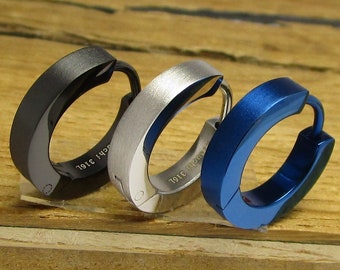 Ø 15 mm / 3 mm Men&#39;s Earrings Titanium Clasp Angular Slim Men&#39;s Hoop Earrings Black Silver Blue Matt Stainless Steel Stud Earrings