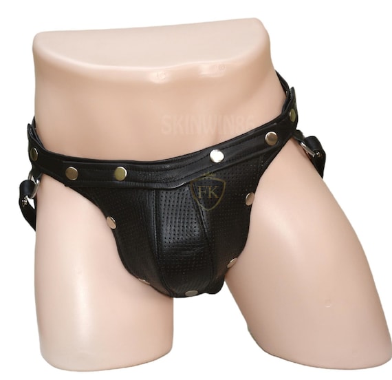 Men Leather Jockstrap Underwear Briefs Thong Adjustable Waist Men Jock  Strap Perforated Leather -  Canada