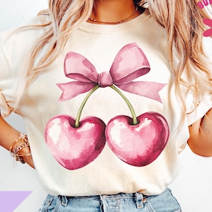 Coquette Cherries PNG, Cherry Bow Png, Valentines Day Png, Coquette Sublimation Design, Trendy Heart Shaped Cherries Shirt Design, V-Day Png