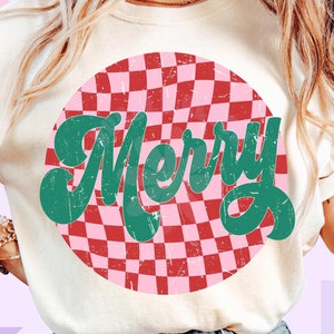 Retro Checkered Merry Christmas PNG - Shirt Design (Digital Download)