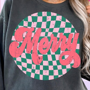 Pink Retro Checkered Merry PNG, Christmas Png, Christmas Shirt Design, Retro Christmas Png, Merry Christmas Png, Xmas Sublimation Design