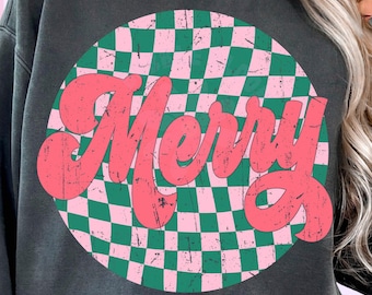 Retro Merry Christmas PNG, Pink Checkered Design (Digital Download)