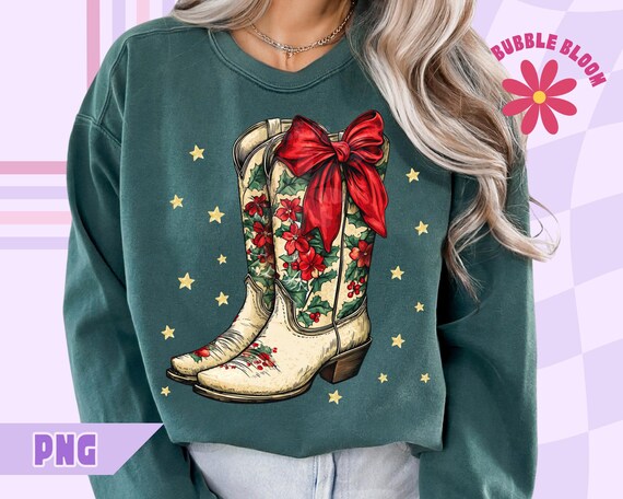 Coquette Cowgirl Christmas Boots PNG: Western Sublimation Design (Digital Download)