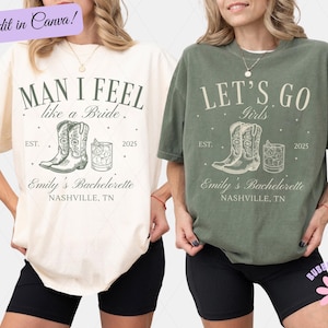 以下が含まれることがあります： クリーム色とオリーブグリーンの2枚のオーバーサイズTシャツ。バチェロレッテパーティーのデザインで、テキスト、カウボーイブーツ、カクテルグラスが含まれています。テキストは「Man I Feel like a Bride」と「Let's Go Girls」です。