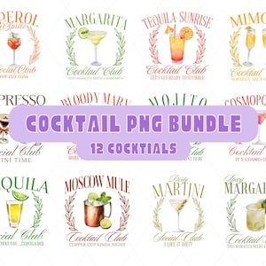 Pacchetto PNG Cocktail Club, Cocktail acquerellati alla moda, Disegni a sublimazione di drink esclusivi per magliette, Pacchetto sublimazione Cocktail Club