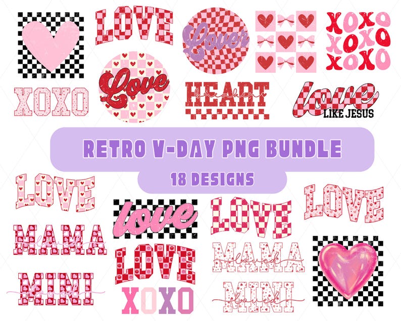 Retro Valentine's Day PNG Bundle: Trendy Checkered Love Sublimation ...