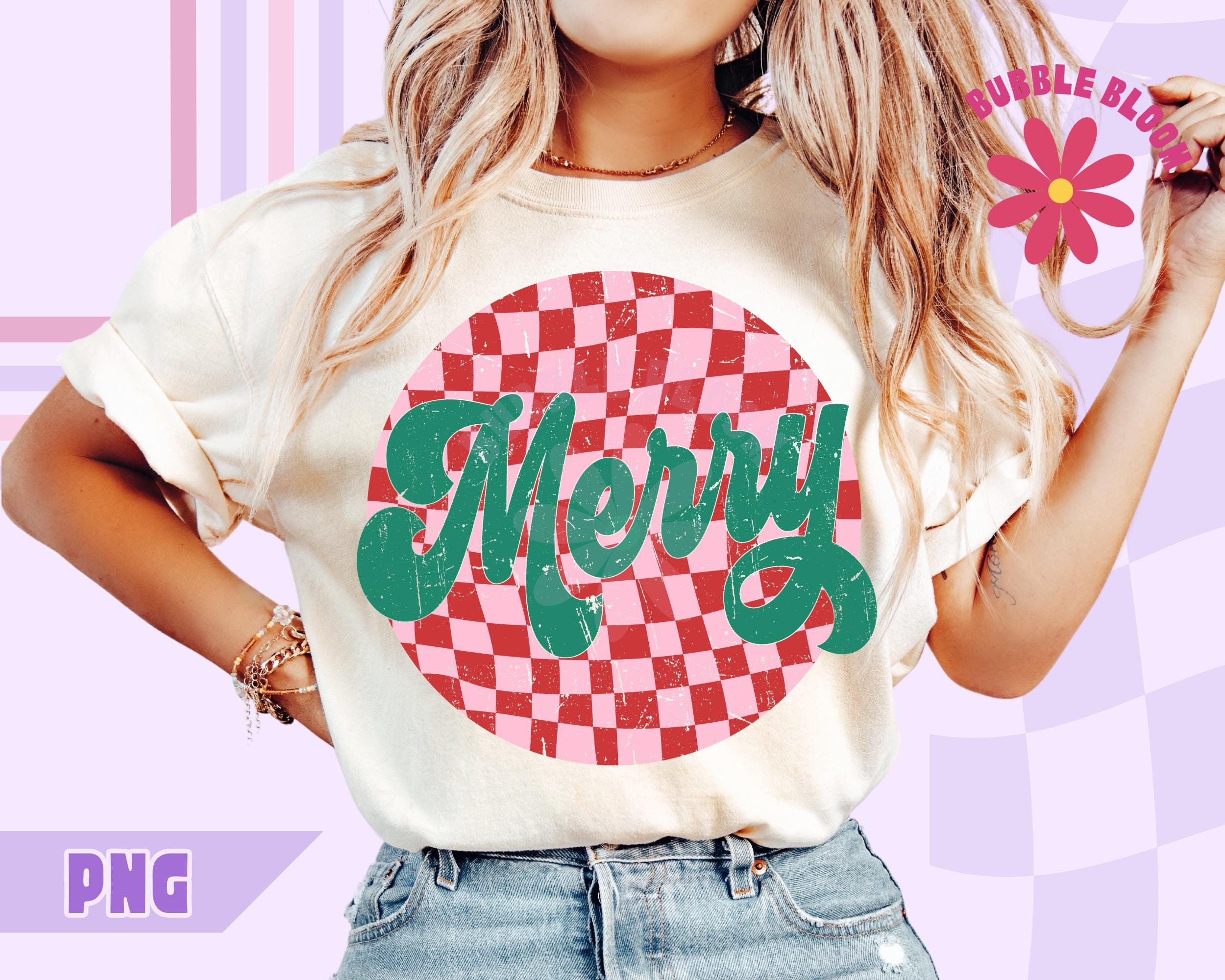 Retro Checkered Merry PNG, Pink Christmas Png, Christmas Shirt Design, Retro Christmas Png, Merry Christmas Png, Xmas Sublimation Design