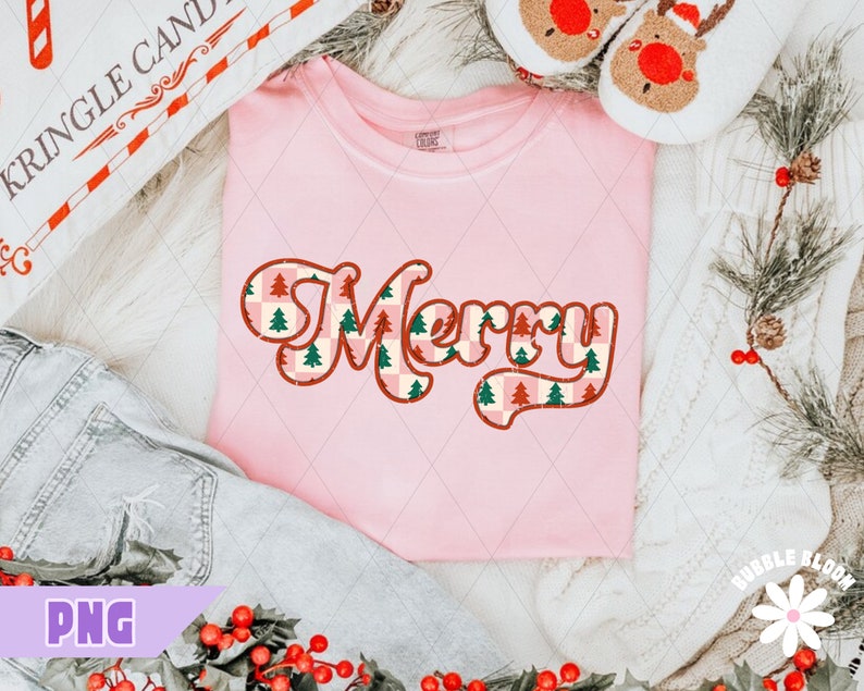 Merry Christmas PNG, Trendy Retro Merry PNG, Textured Christmas Sublimation, Festive Shirt Design, Cute Checkered Xmas Png