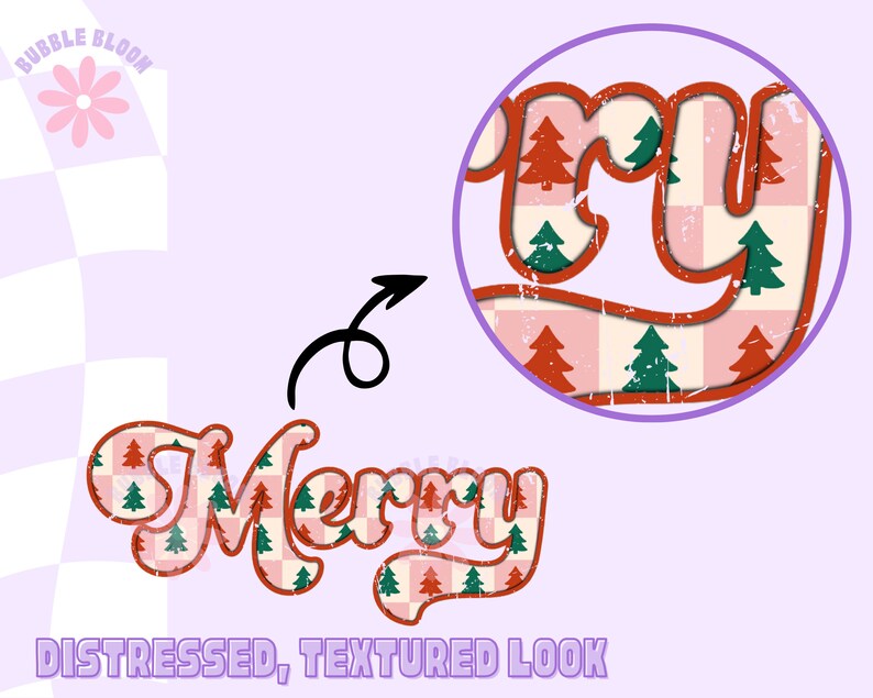 Op de afbeelding: Een retro-stijl grafische afbeelding met het woord "Merry" in een verweerde, getextureerde lettertype. De letters zijn gevuld met een roze en wit geblokt patroon en groene kerstbomen. De achtergrond is lichtpaars met een geblokt patroon.