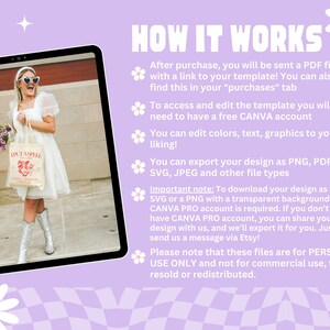 May include: A digital illustration of a woman holding a tote bag with the text "WUTASPELL" on it. The image is on a tablet screen with a pink and white checkered background. The text "HOW IT WORKS" is at the top of the image. The text explains how to use a digital template.