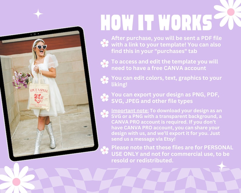 May include: A digital illustration of a woman holding a tote bag with the text "WUTASPELL" on it. The image is on a tablet screen with a pink and white checkered background. The text "HOW IT WORKS" is at the top of the image. The text explains how to use a digital template.