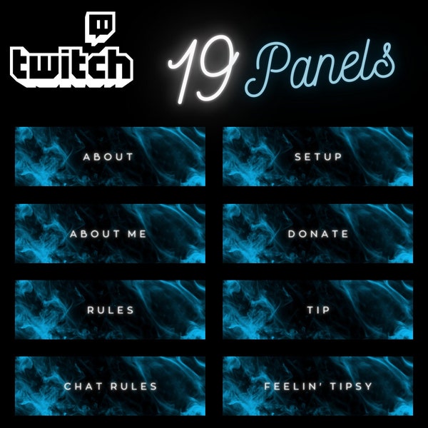 19 Blue and Black Glowing Smoke Twitch Panels, Tidy Appealing Minimalistic Panels, Ready to Use W/ Instant Download
