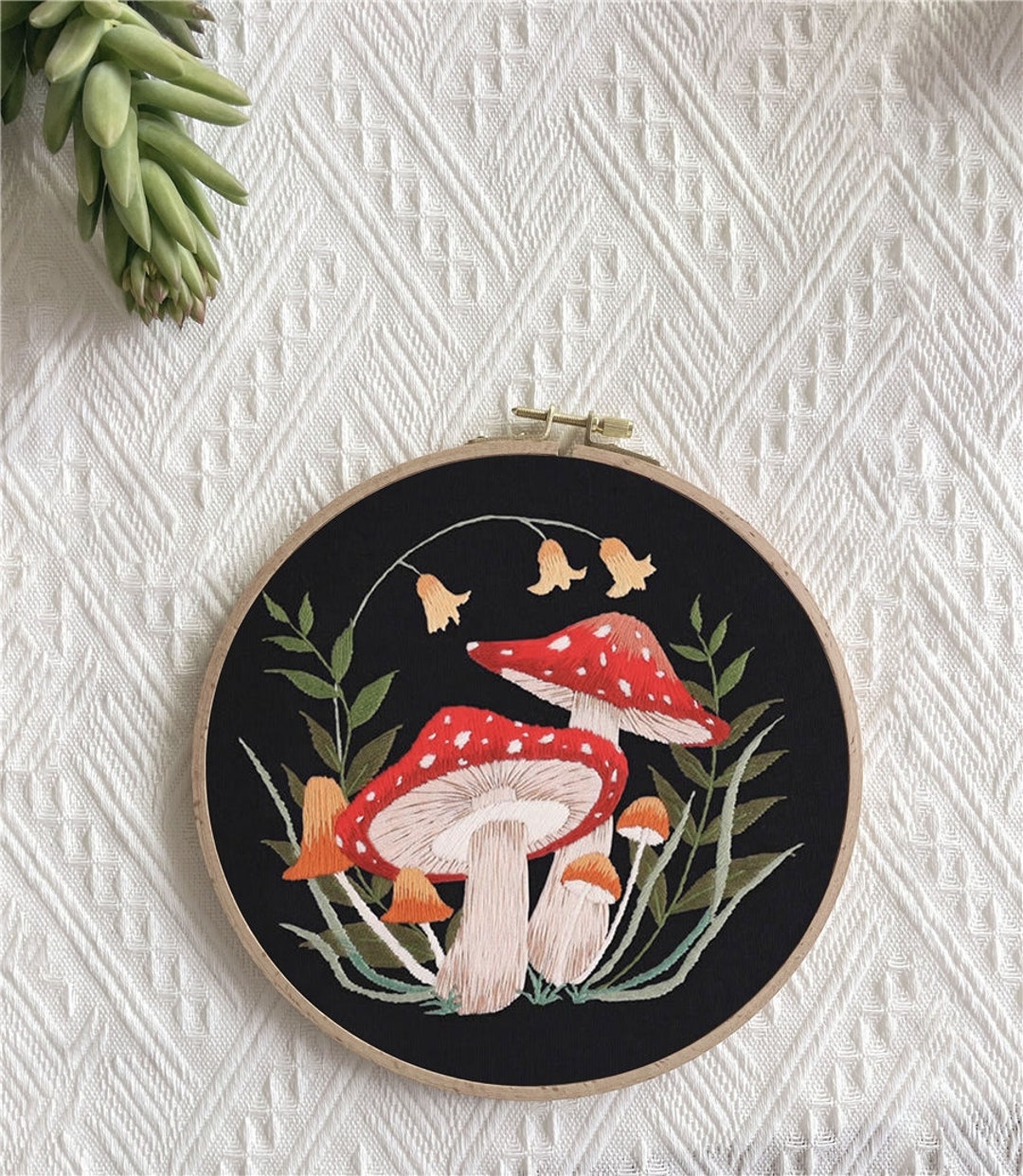 Mushroom Theme Embroidery Kit, Modern Hoop Wall Art, Easy Handmade Set