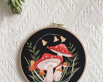 Mushroom Theme Embroidery Kit, Modern Hoop Wall Art, Easy Handmade Set, Mushroom Cross Stitch