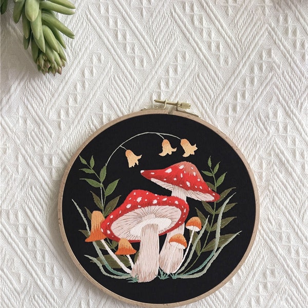 Mushroom Theme Embroidery Kit, Modern Hoop Wall Art, Easy Handmade Set, Mushroom Cross Stitch