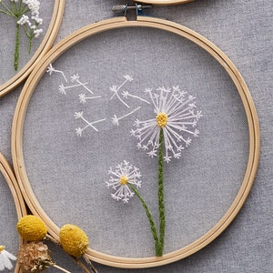 May include: A white dandelion with a yellow center and a few seeds floating away, embroidered on a white mesh fabric in a wooden embroidery hoop.