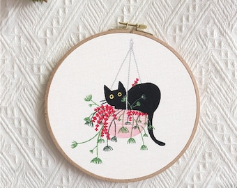 Black Cat Embroidery Kit / Embroidery Kit for Beginners / Embroidery Cat and plants Kit / Modern Embroidery Kit with Pattern