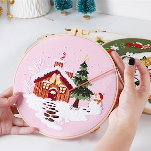 Merry Christmas Embroidery Kit for Beginners, Easy Snowman, DIY Starter Craft Kit with Hoop, Christmas tree