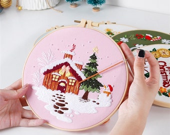 May include: A pink embroidery hoop with a Christmas scene of a house, a snowman, and a tree. The hoop is being held by a hand with a needle and thread.
