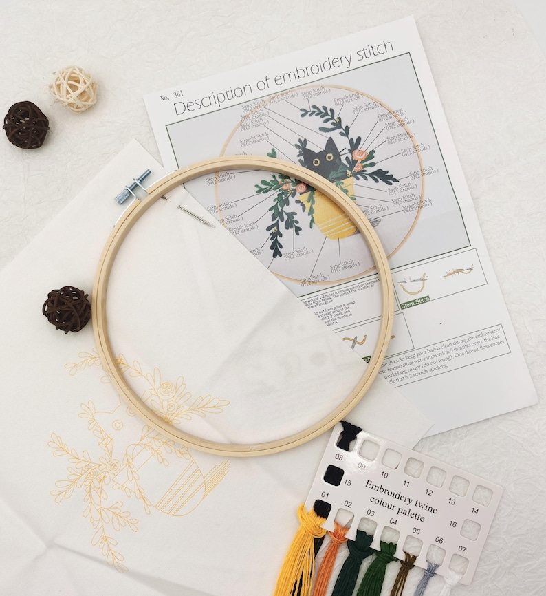 May include: A white embroidery hoop with a black cat and floral design on the fabric. The hoop is surrounded by embroidery floss in various colors, including yellow, orange, green, and blue. The floss is labeled with numbers 01-16. The image also includes a sheet of instructions with the text "Description of embroidery stitch" and "Embroidery twine color palette".