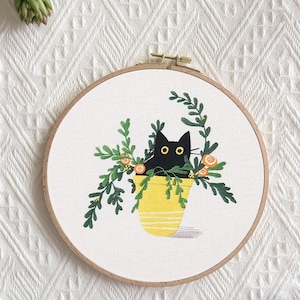 黒猫刺繍キット/初心者向け刺繍キット/猫と植物の刺繍キット/ウォールアートキット/母の日ギフト