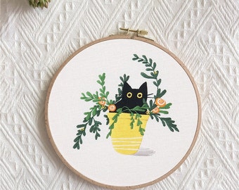 Black Cat Embroidery Kit / Embroidery Kit for Beginners / Embroidery Cat and plants Kit / Wall Art Kit / Mother&#39;s day gift