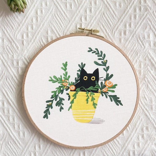 Kit de broderie chat noir / Kit de broderie pour débutants / Kit de broderie chat et plantes / Kit d'art mural / Cadeau fête des mères