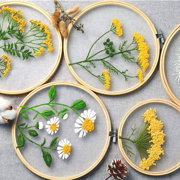 Transparent Embroidery Kit for Beginner / Flowers Embroidery / European Mesh Embroidery / Craft Materials Included