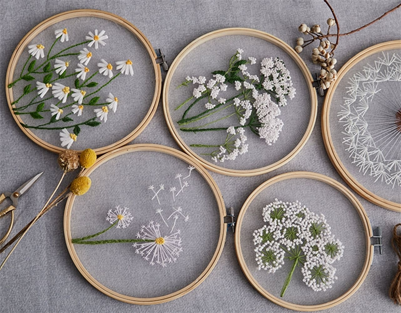 DIY Stamped Embroidery Kit European Style Flowers Plants pattern with  Embroidery Hoop Floss Threads Needles for