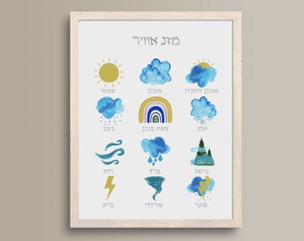 Hebrew Weather Chart for Kids | 12 Weather Types Nursery Print