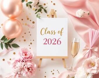 Class of 2026 Graduation Party Printable Bundle | Pink Glam Champagne Aesthetic | Welcome Sign Photo Board Invitation Thank You | Digital Do